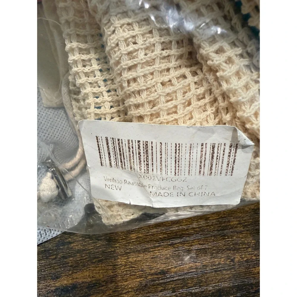Venhoo Reusable Produce Bag Set of 7 Cream Cotton Mesh Drawstring Eco Friendly